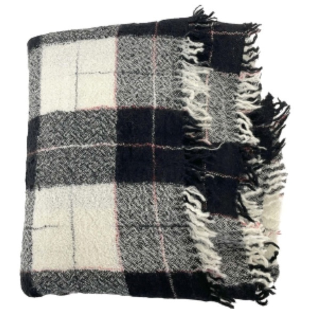 Black, cream, gray and red checkered plaid large scarf NWT